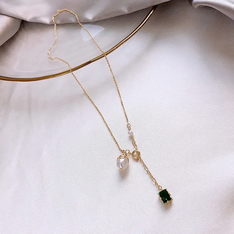 Green Pearl Pendant Necklace Delicate Elegant Clavicle Geometric Simple Neck Chain