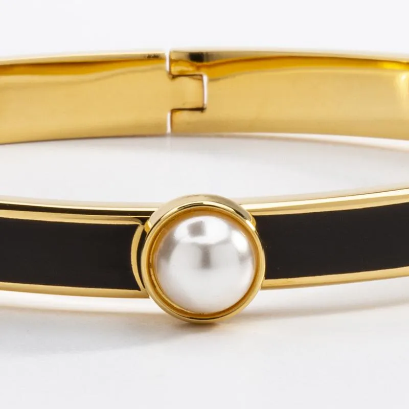 Halcyon Days "Skinny Cabochon Pearl Black & Gold" Bangle
