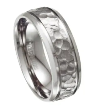 Hammered Finish Men's Titanium Wedding Band with Beveled Edges | 8mm