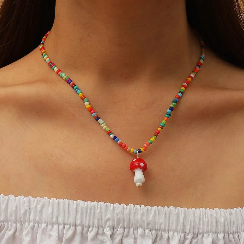Handmade Rice Beads Cute Mushroom Charm Necklace Women Korean Woven
