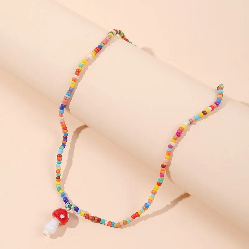 Handmade Rice Beads Cute Mushroom Charm Necklace Women Korean Woven