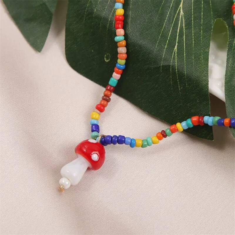 Handmade Rice Beads Cute Mushroom Charm Necklace Women Korean Woven