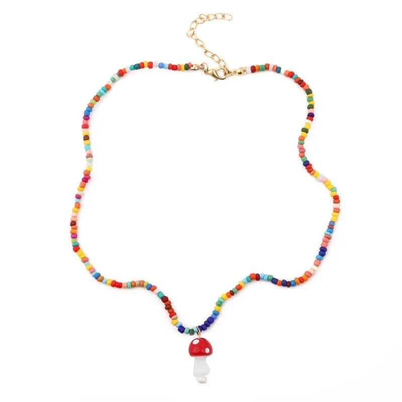 Handmade Rice Beads Cute Mushroom Charm Necklace Women Korean Woven