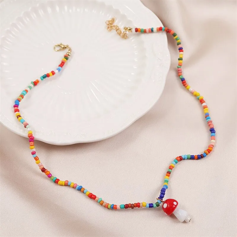 Handmade Rice Beads Cute Mushroom Charm Necklace Women Korean Woven