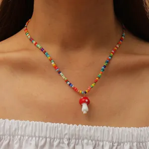 Handmade Rice Beads Cute Mushroom Charm Necklace Women Korean Woven
