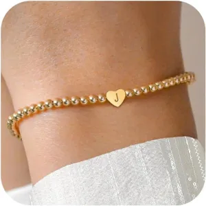 Heart Initial Bracelets for Women Girls - 14K Gold Plated Letter Initial Bracelet Beaded Heart Bracelets for Women Trendy Kids Teen Girl Gifts rendy Stuff Gold Jewelry