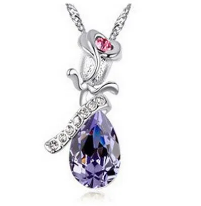High Quality Angel Crystal 2018 Hot Trend Rose Flower Pendant Necklace Charm Gold Silver Beauty Rose Jewelry Necklace For Women