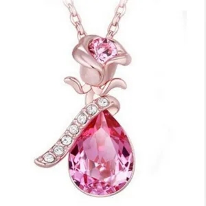 High Quality Angel Crystal 2018 Hot Trend Rose Flower Pendant Necklace Charm Gold Silver Beauty Rose Jewelry Necklace For Women