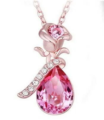 High Quality Angel Crystal 2018 Hot Trend Rose Flower Pendant Necklace Charm Gold Silver Beauty Rose Jewelry Necklace For Women
