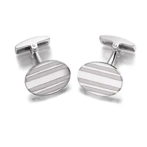 Hoxton London Men's Sterling Silver  White Agate  Stripe Oval Cufflinks
