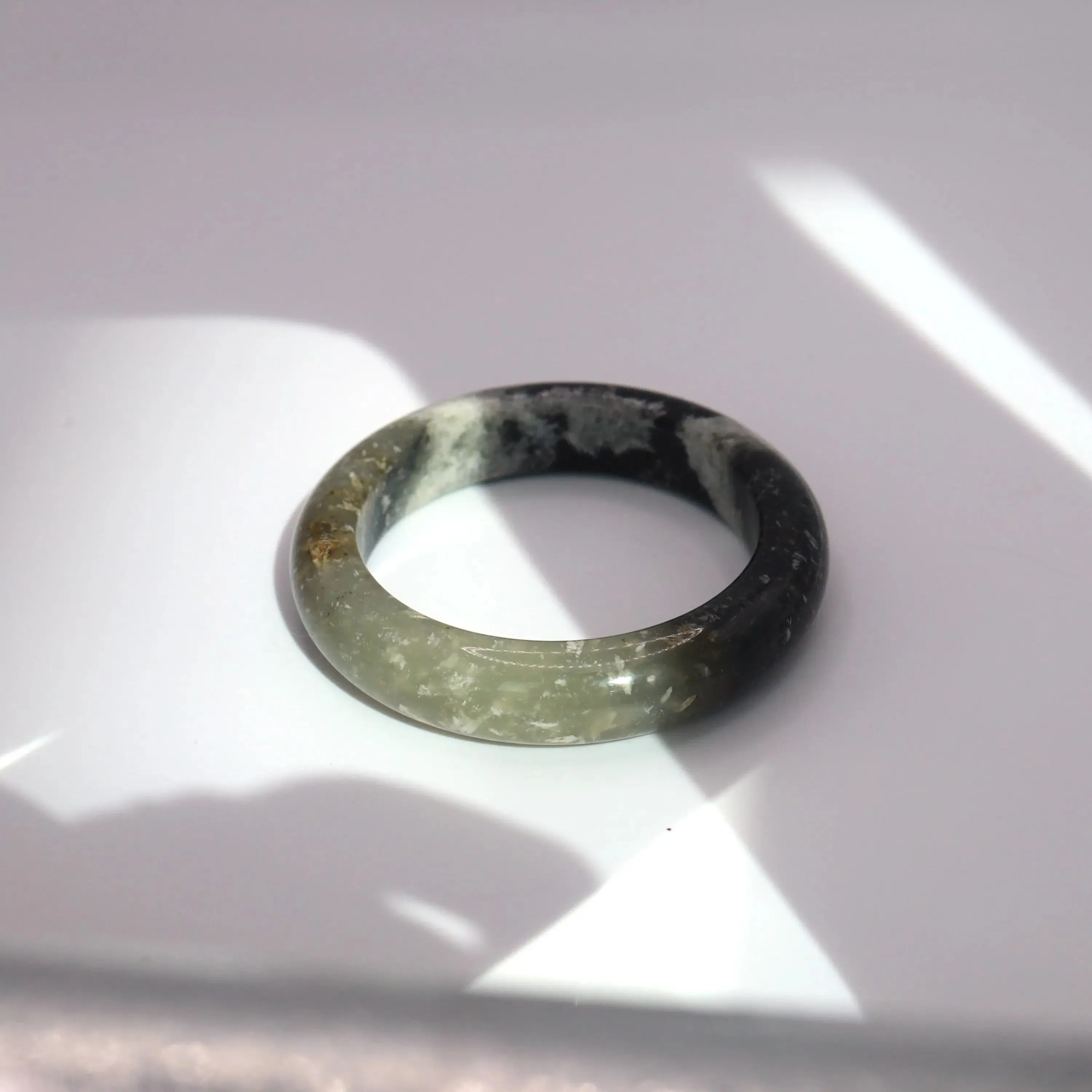 Ink Jade Stone Bangle – Snow Cotton Pattern in Black, White & Ice-Translucent Mongolian Jade