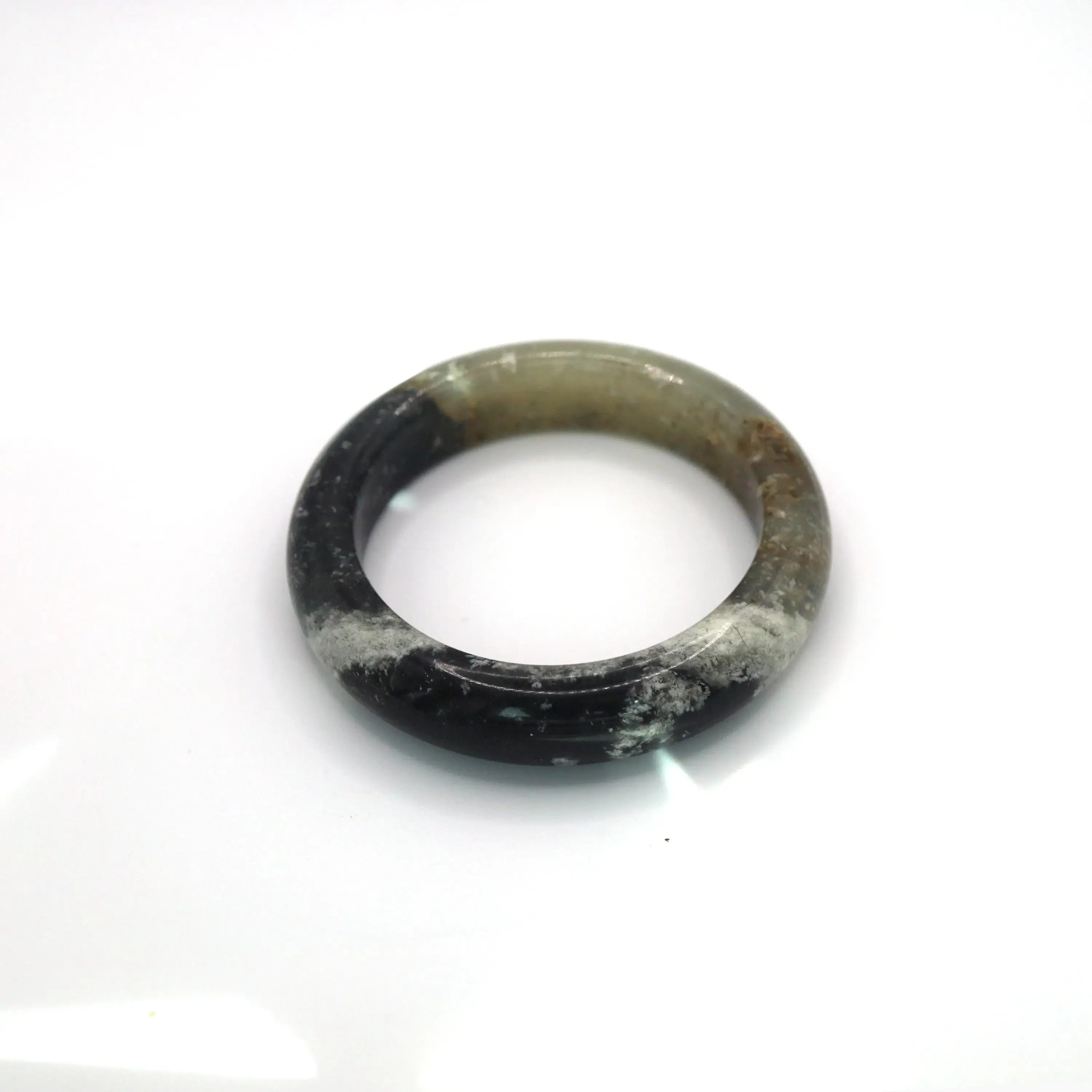 Ink Jade Stone Bangle – Snow Cotton Pattern in Black, White & Ice-Translucent Mongolian Jade