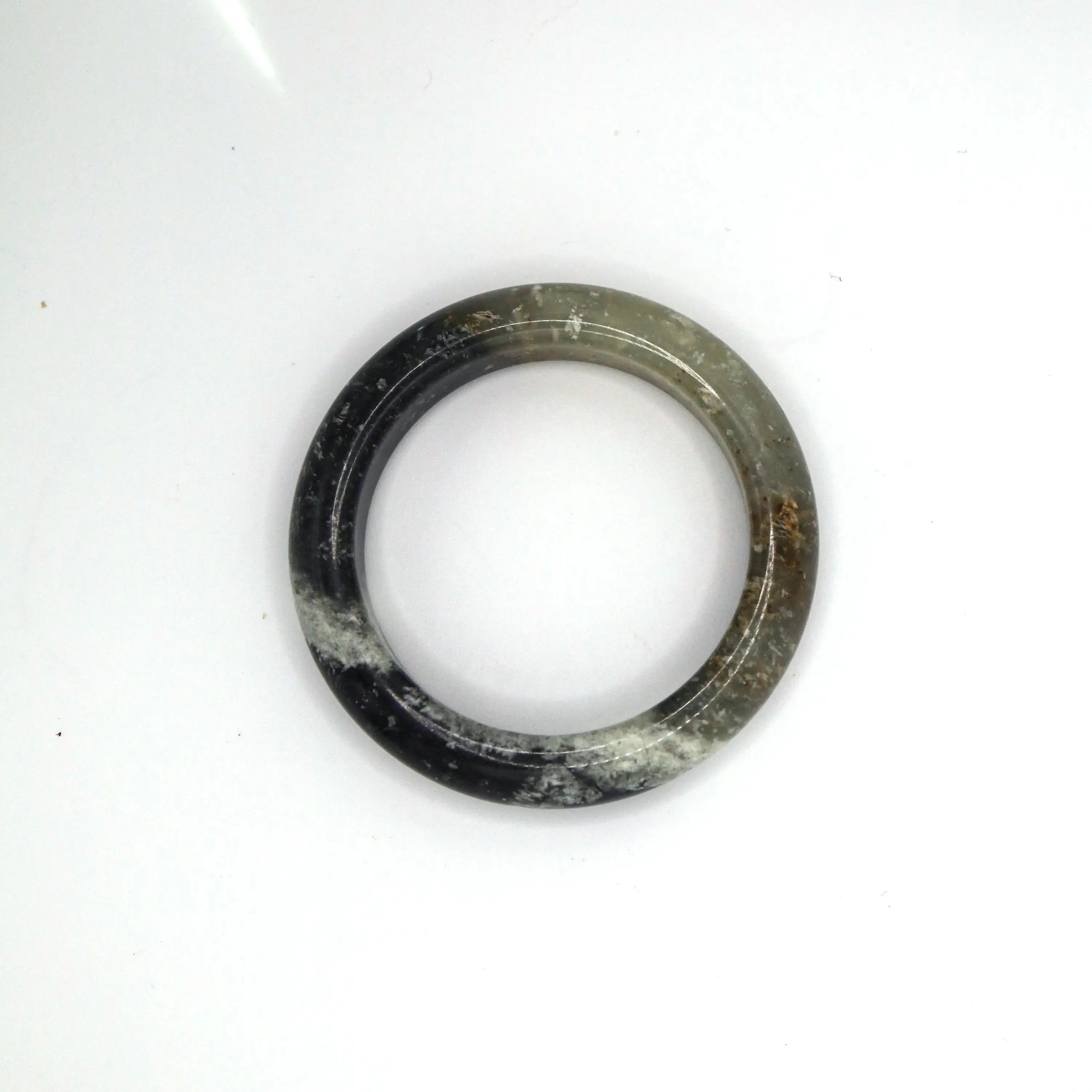 Ink Jade Stone Bangle – Snow Cotton Pattern in Black, White & Ice-Translucent Mongolian Jade