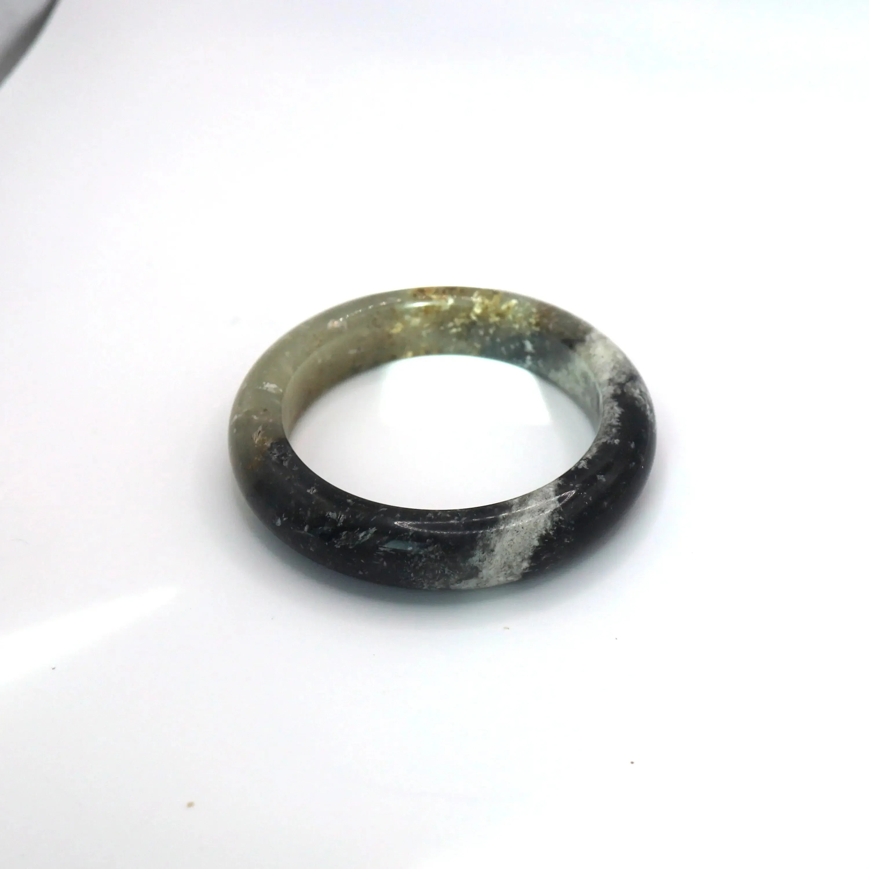 Ink Jade Stone Bangle – Snow Cotton Pattern in Black, White & Ice-Translucent Mongolian Jade