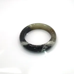 Ink Jade Stone Bangle – Snow Cotton Pattern in Black, White & Ice-Translucent Mongolian Jade
