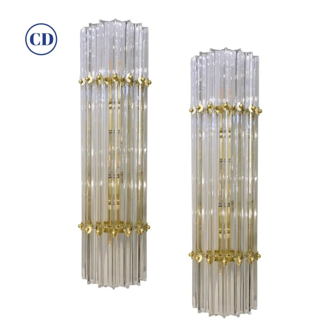 Italian Contemporary Minimalist Pair of Satin Brass Crystal Murano Glass Sconces