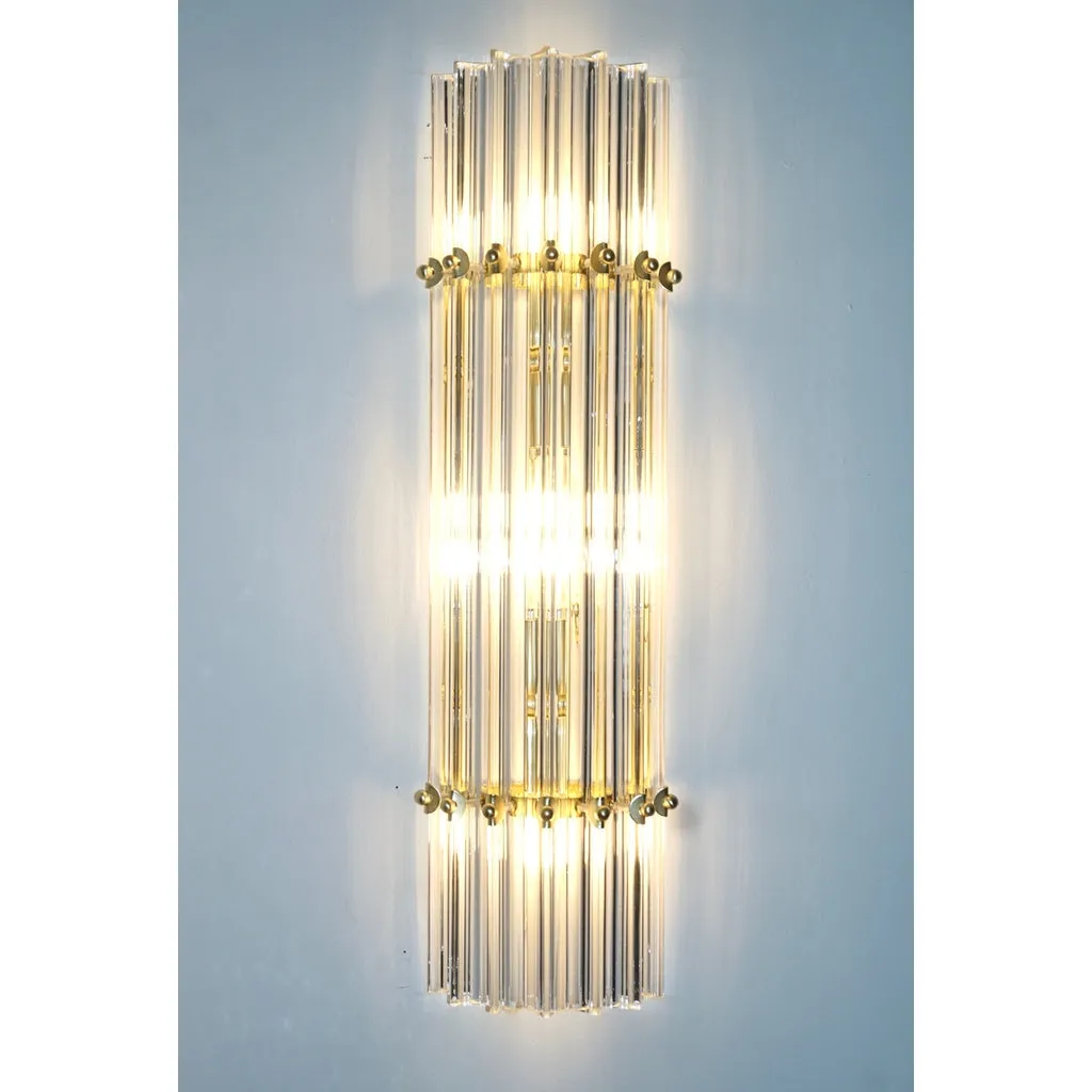 Italian Contemporary Minimalist Pair of Satin Brass Crystal Murano Glass Sconces