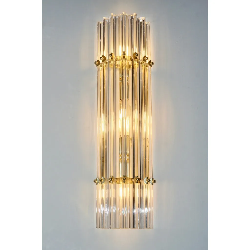 Italian Contemporary Minimalist Pair of Satin Brass Crystal Murano Glass Sconces