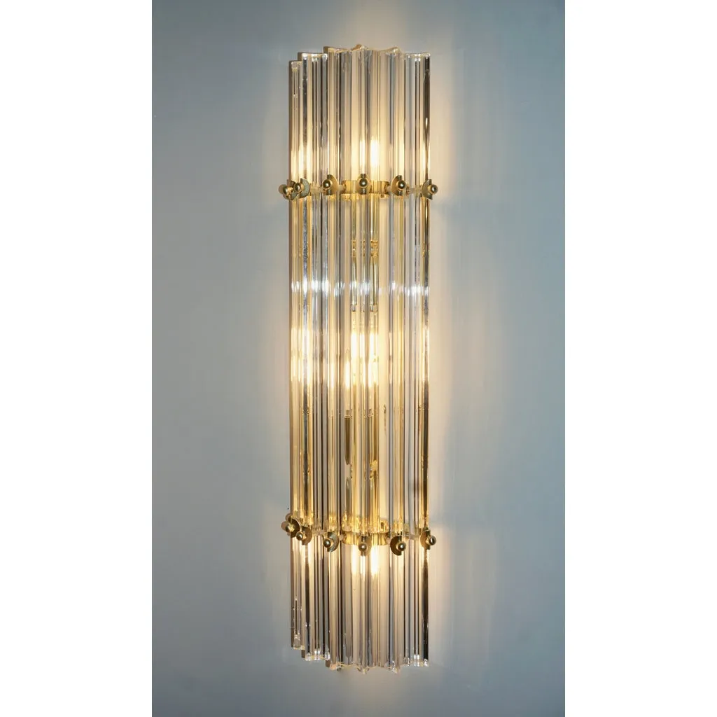Italian Contemporary Minimalist Pair of Satin Brass Crystal Murano Glass Sconces