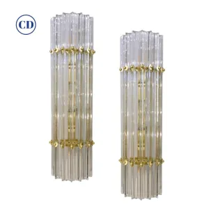 Italian Contemporary Minimalist Pair of Satin Brass Crystal Murano Glass Sconces