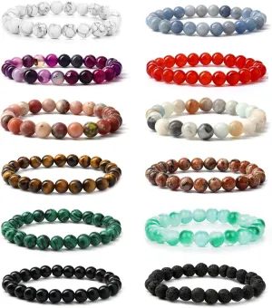 JeryWe 12 Pcs 8mm Beaded Bracelets for Women Men Healing Natural Stone Bracelet Semi-Precious Gemstones Bracelets Crystal Adjustable Stretch Mens Bracelets Beads Set