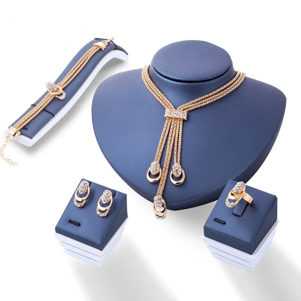 Ladies Elegant Gold Plated Choker Drop Layered Smooth Crystal 4 Pce Necklace Set