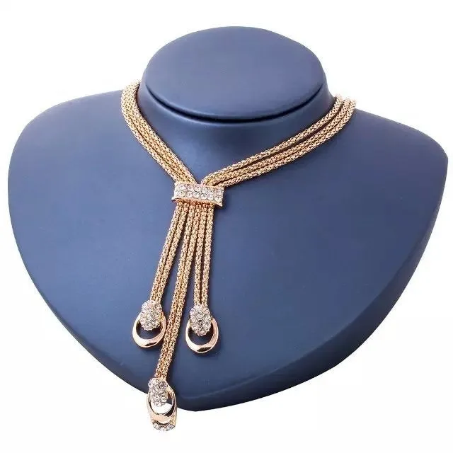 Ladies Elegant Gold Plated Choker Drop Layered Smooth Crystal 4 Pce Necklace Set