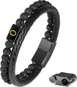 Leather Bracelet for Men With Initial - Genuine Natural Lava Rock Matte Agate Beads, Stainless Steel Magnetic Clasp - Anxiety Relief Gifts for Dad Husband