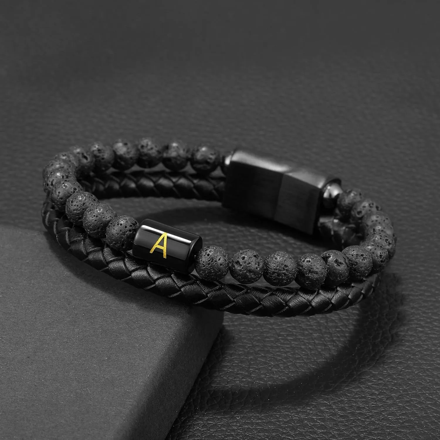 Leather Bracelet for Men With Initial - Genuine Natural Lava Rock Matte Agate Beads, Stainless Steel Magnetic Clasp - Anxiety Relief Gifts for Dad Husband