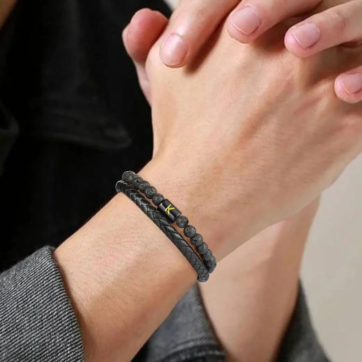 Leather Bracelet for Men With Initial - Genuine Natural Lava Rock Matte Agate Beads, Stainless Steel Magnetic Clasp - Anxiety Relief Gifts for Dad Husband