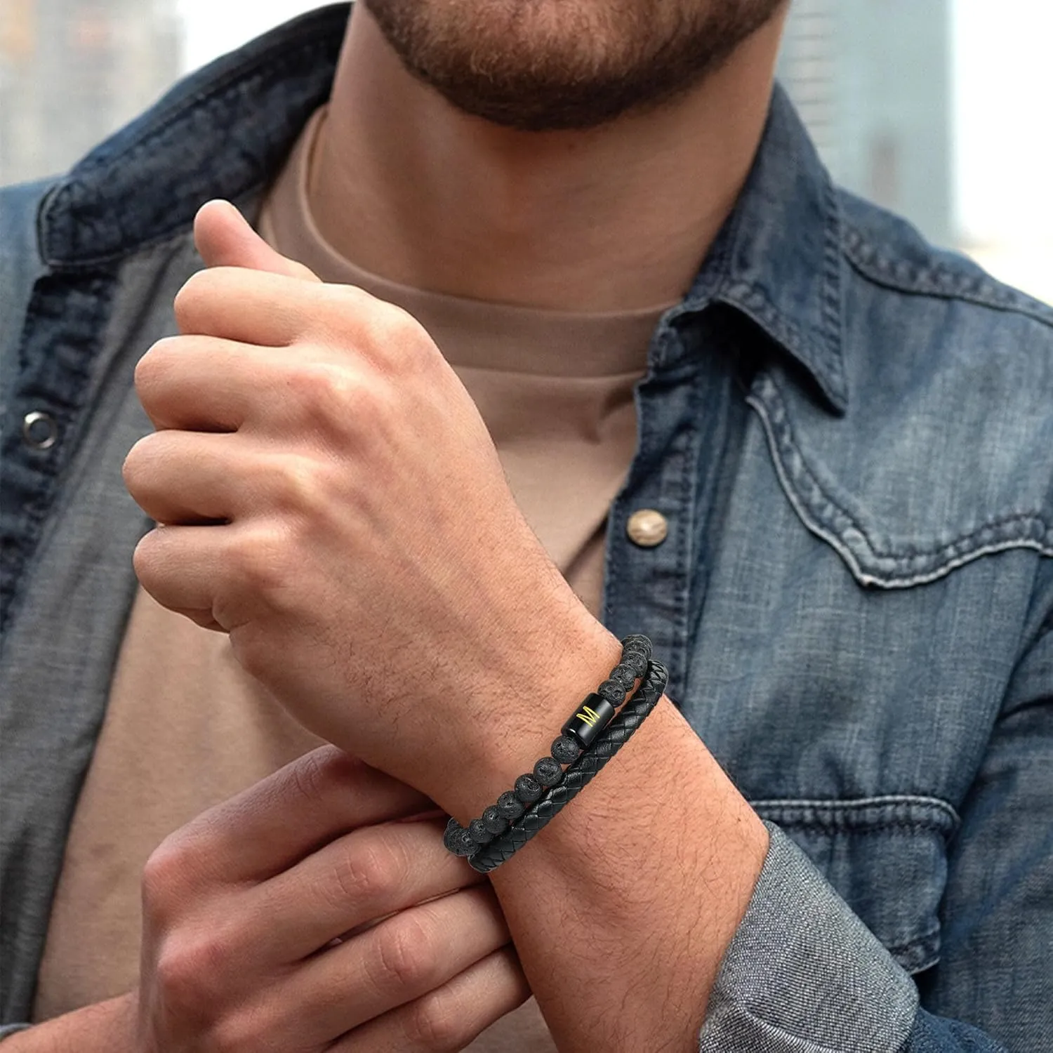 Leather Bracelet for Men With Initial - Genuine Natural Lava Rock Matte Agate Beads, Stainless Steel Magnetic Clasp - Anxiety Relief Gifts for Dad Husband