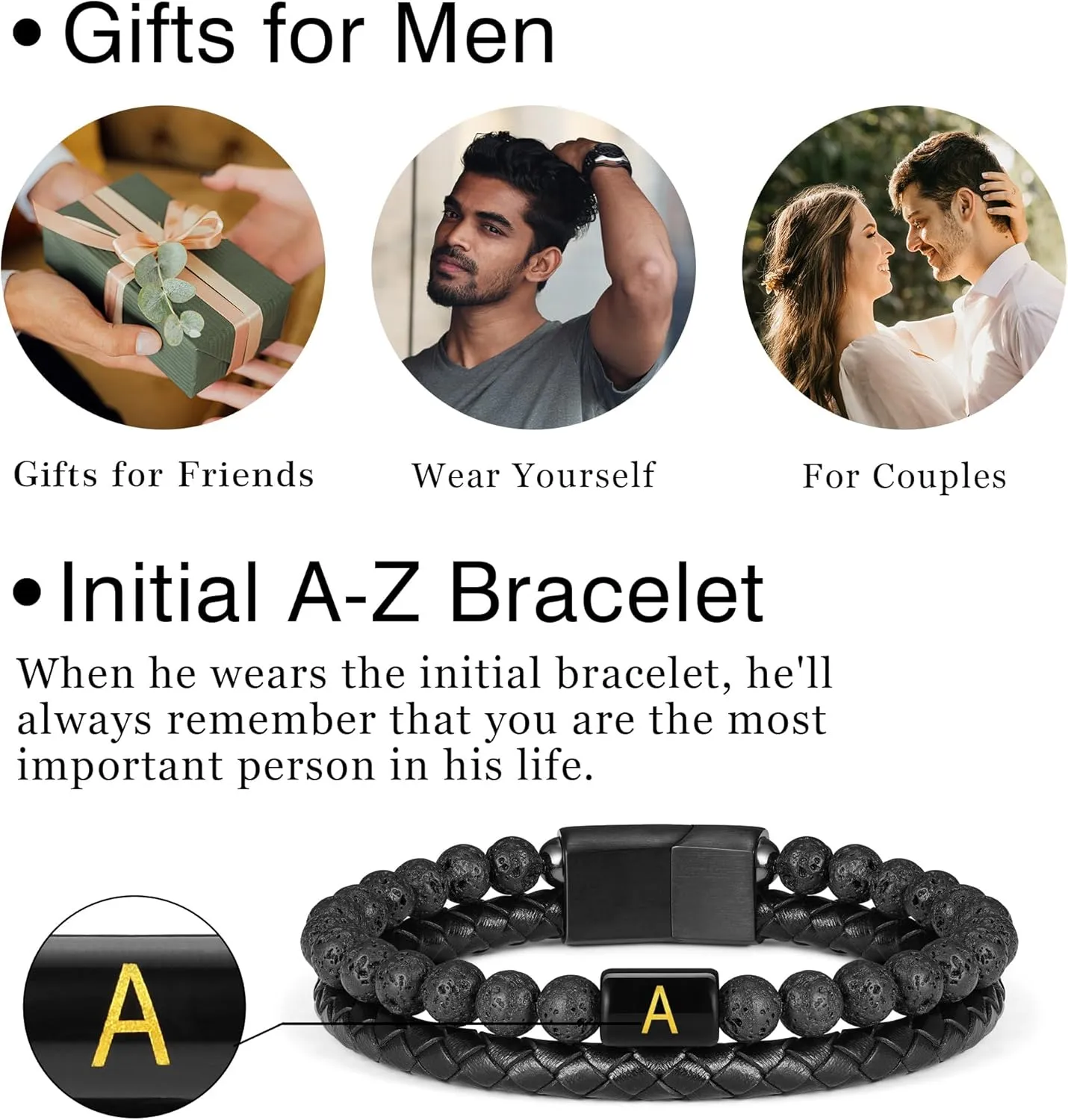 Leather Bracelet for Men With Initial - Genuine Natural Lava Rock Matte Agate Beads, Stainless Steel Magnetic Clasp - Anxiety Relief Gifts for Dad Husband