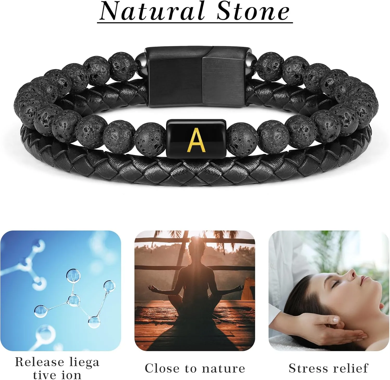 Leather Bracelet for Men With Initial - Genuine Natural Lava Rock Matte Agate Beads, Stainless Steel Magnetic Clasp - Anxiety Relief Gifts for Dad Husband
