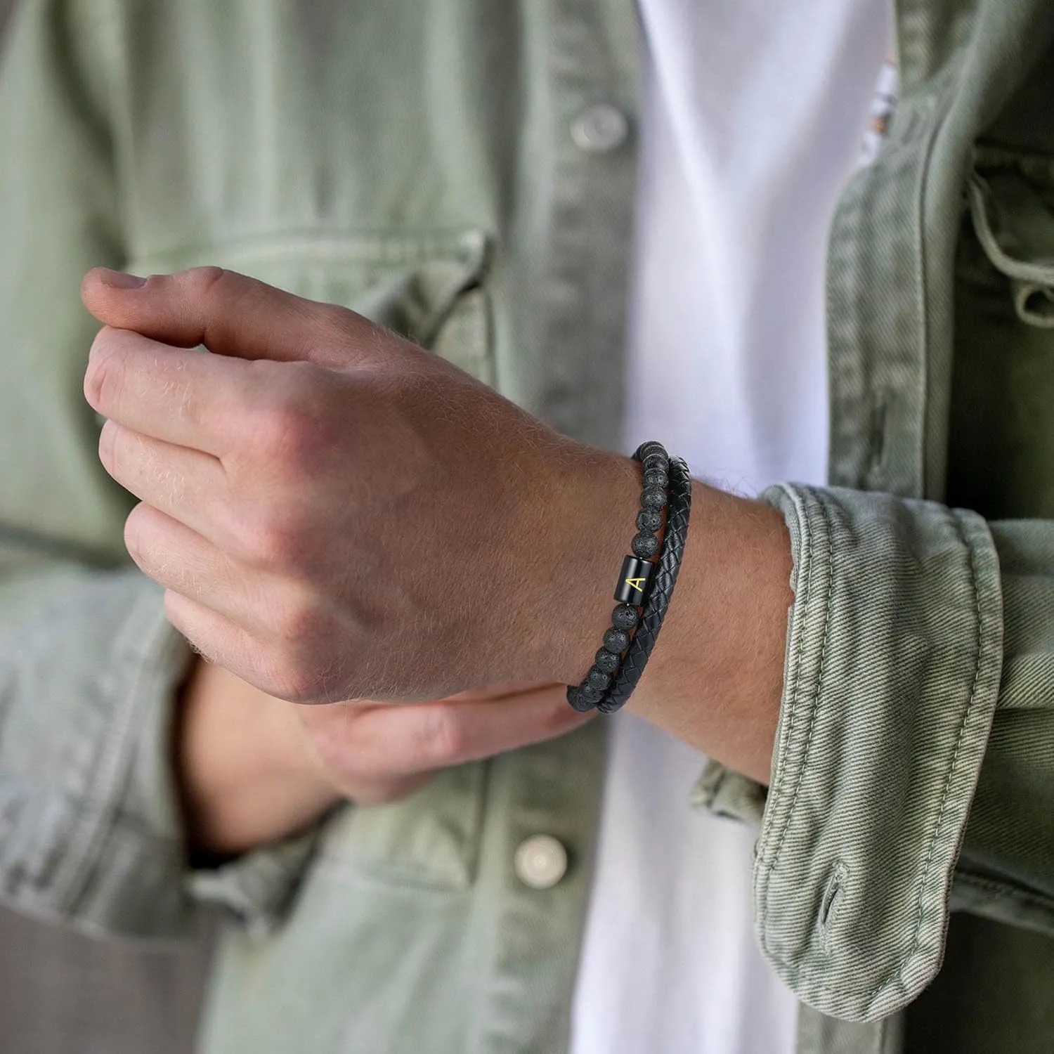 Leather Bracelet for Men With Initial - Genuine Natural Lava Rock Matte Agate Beads, Stainless Steel Magnetic Clasp - Anxiety Relief Gifts for Dad Husband