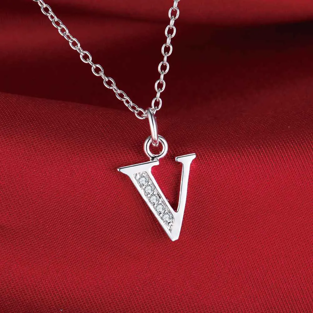 Letter V Bling Zircon Silver Plated Necklace for Women