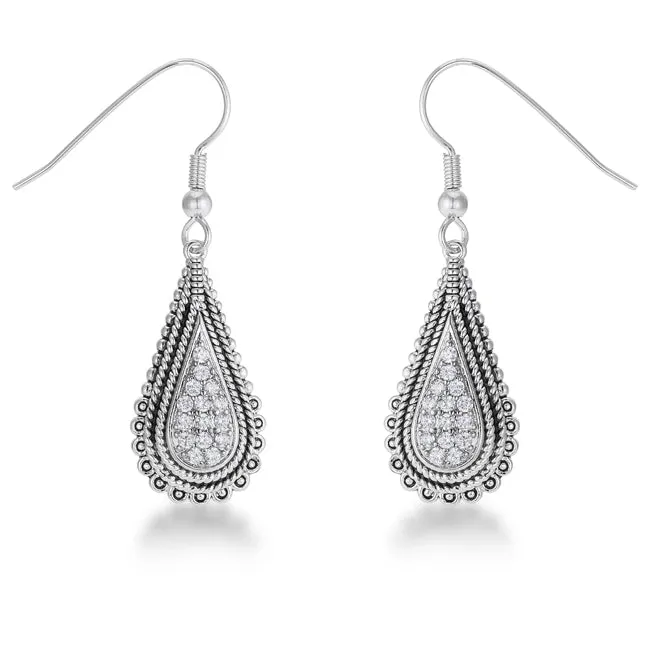 LOVCIA Tear Drop Rhodium-Plated Earrings with Sparkling CZ Stones