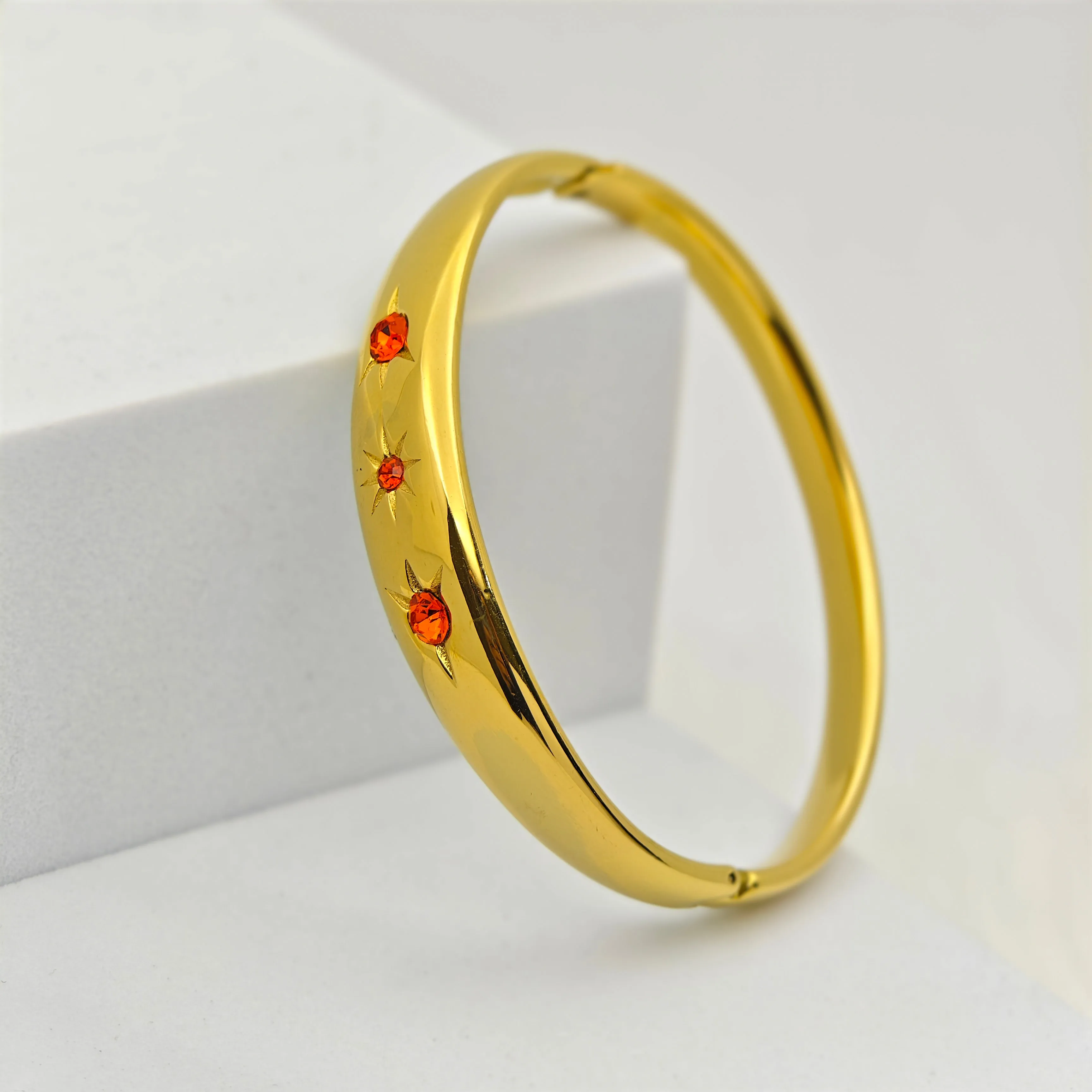 Luxury 22K Gold-Plated Chunky Bangle – Anti-Tarnish Stainless Steel Bracelet with Starburst CZ Accents RGB432