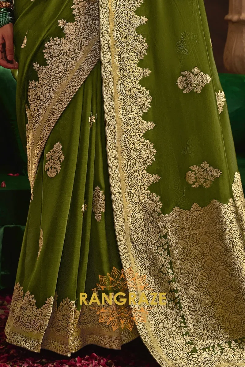 Majestic Olive Banarasi Silk Saree with Intricate Gold Zari Weaving