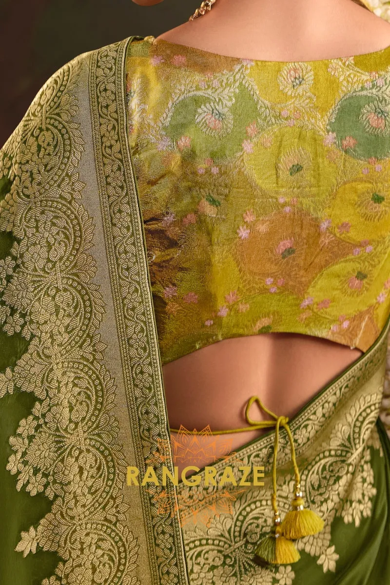 Majestic Olive Banarasi Silk Saree with Intricate Gold Zari Weaving
