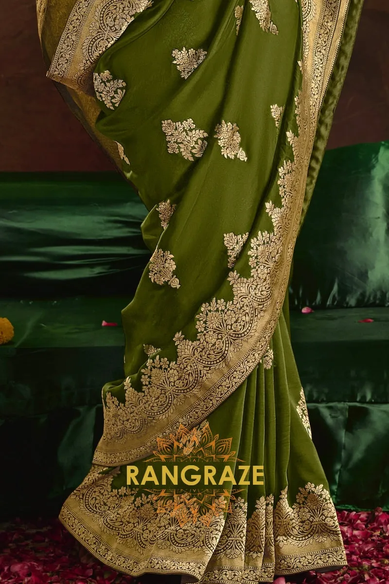 Majestic Olive Banarasi Silk Saree with Intricate Gold Zari Weaving