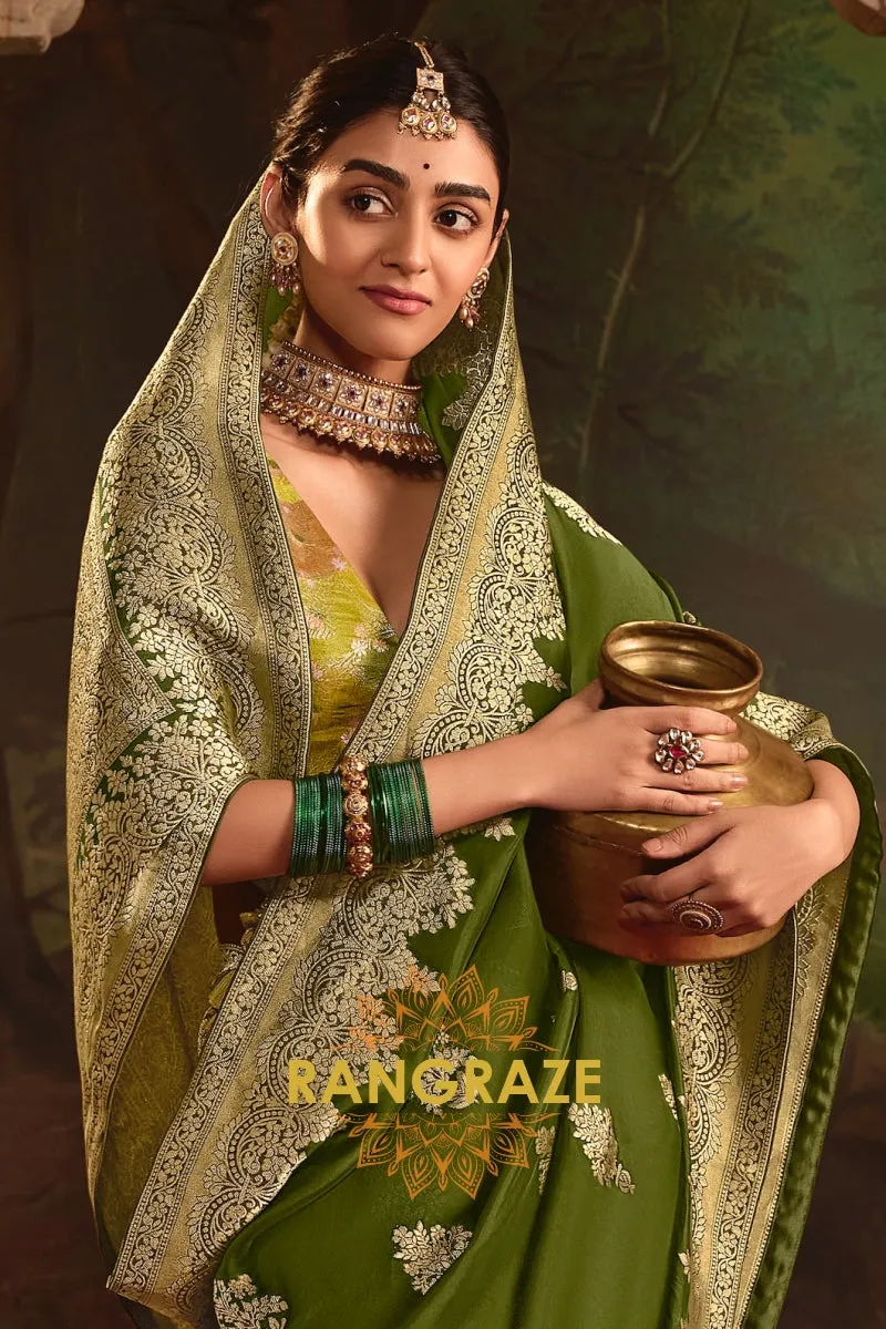 Majestic Olive Banarasi Silk Saree with Intricate Gold Zari Weaving