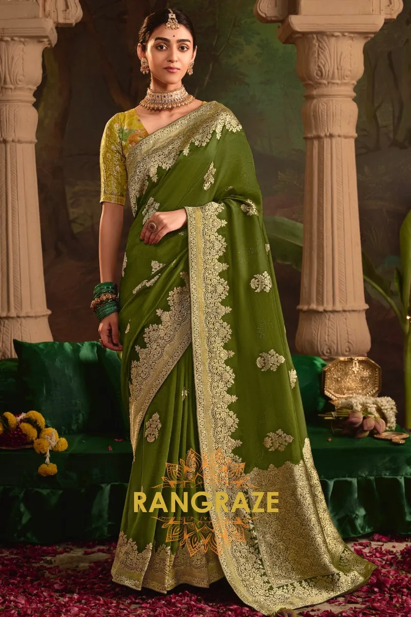 Majestic Olive Banarasi Silk Saree with Intricate Gold Zari Weaving
