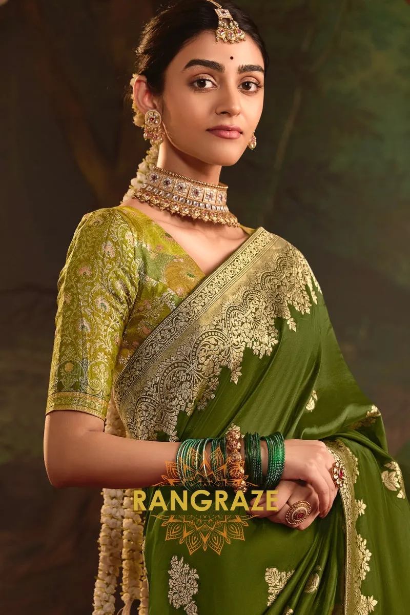 Majestic Olive Banarasi Silk Saree with Intricate Gold Zari Weaving