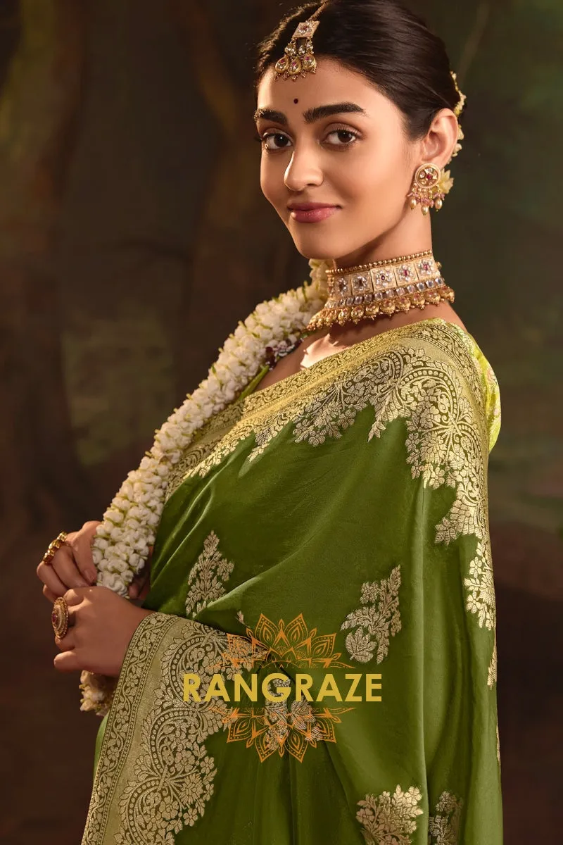 Majestic Olive Banarasi Silk Saree with Intricate Gold Zari Weaving