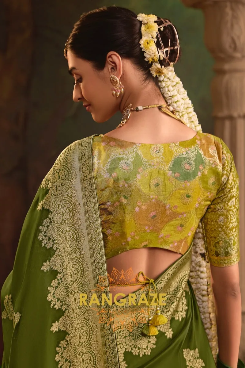 Majestic Olive Banarasi Silk Saree with Intricate Gold Zari Weaving
