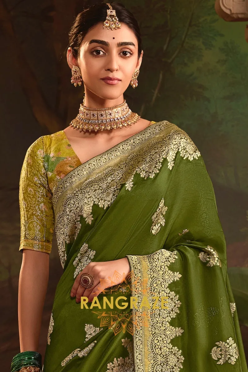 Majestic Olive Banarasi Silk Saree with Intricate Gold Zari Weaving