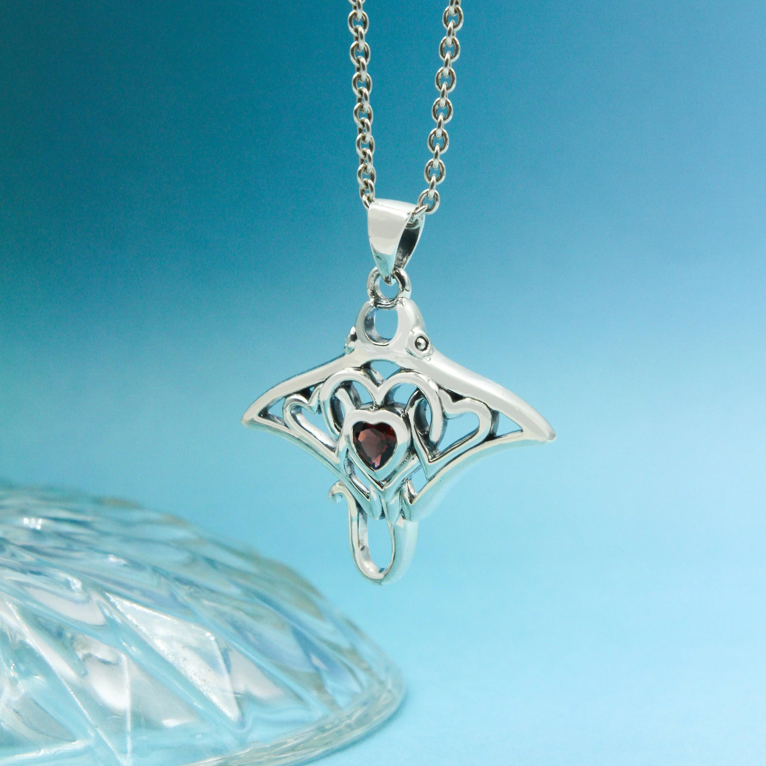 Manta ray with Triple Heart Silver Pendant With Gemstone in the Center TPD6072