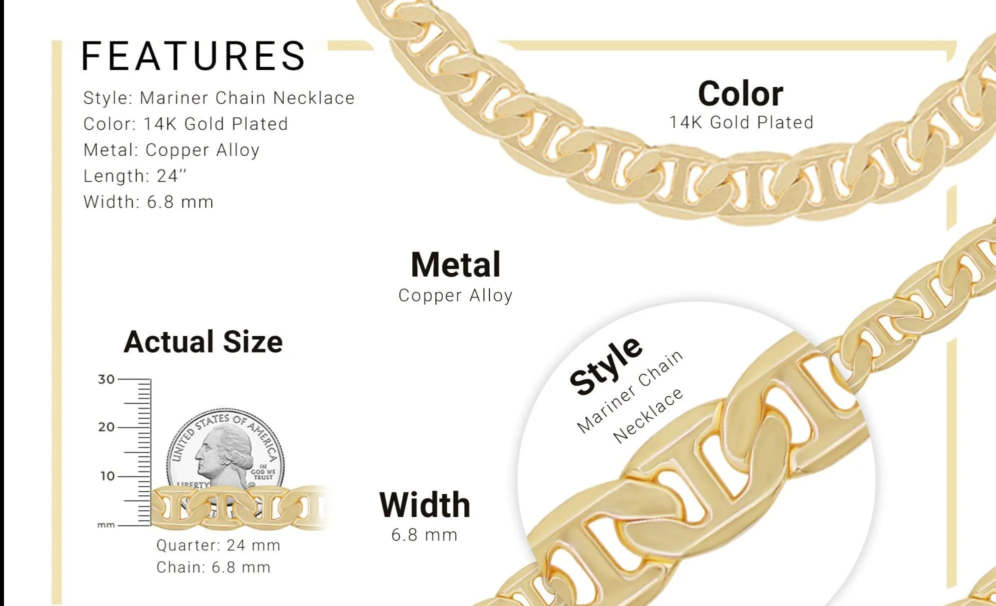 Mariner Chain 14K Gold Filled Necklace 24" Lobster Claw Clasp Jewelry Gift for Men 6.8 mm