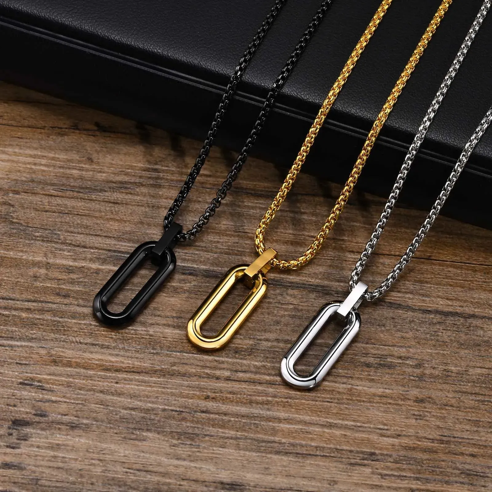 Men Geometric Necklaces, Waterproof Stainless Steel Hollow Pin Shaped Pendant