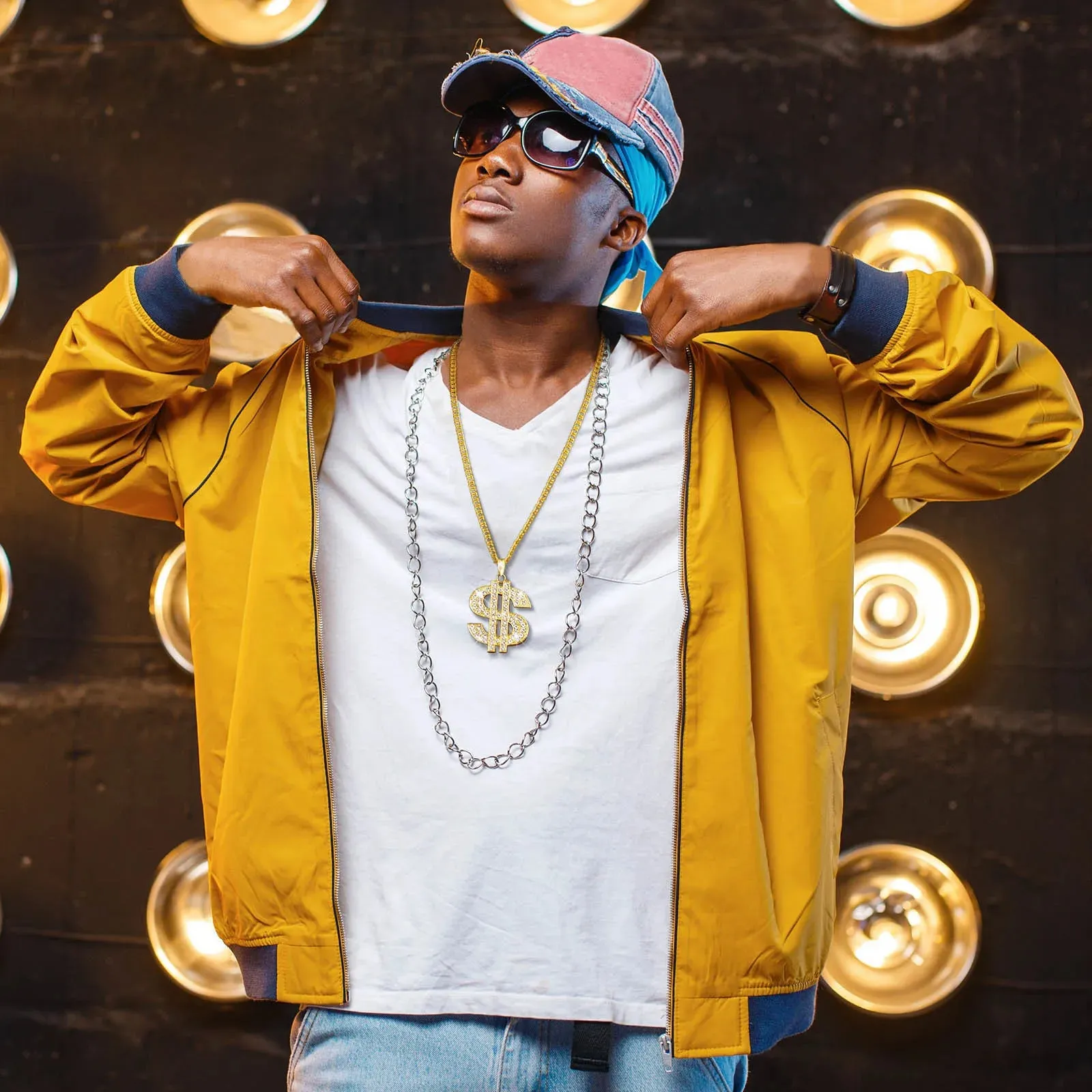 Men Gold Color Dollar Sign Necklaces with Cuban Chain,Hip Hop Money Dollar Pendant Collar